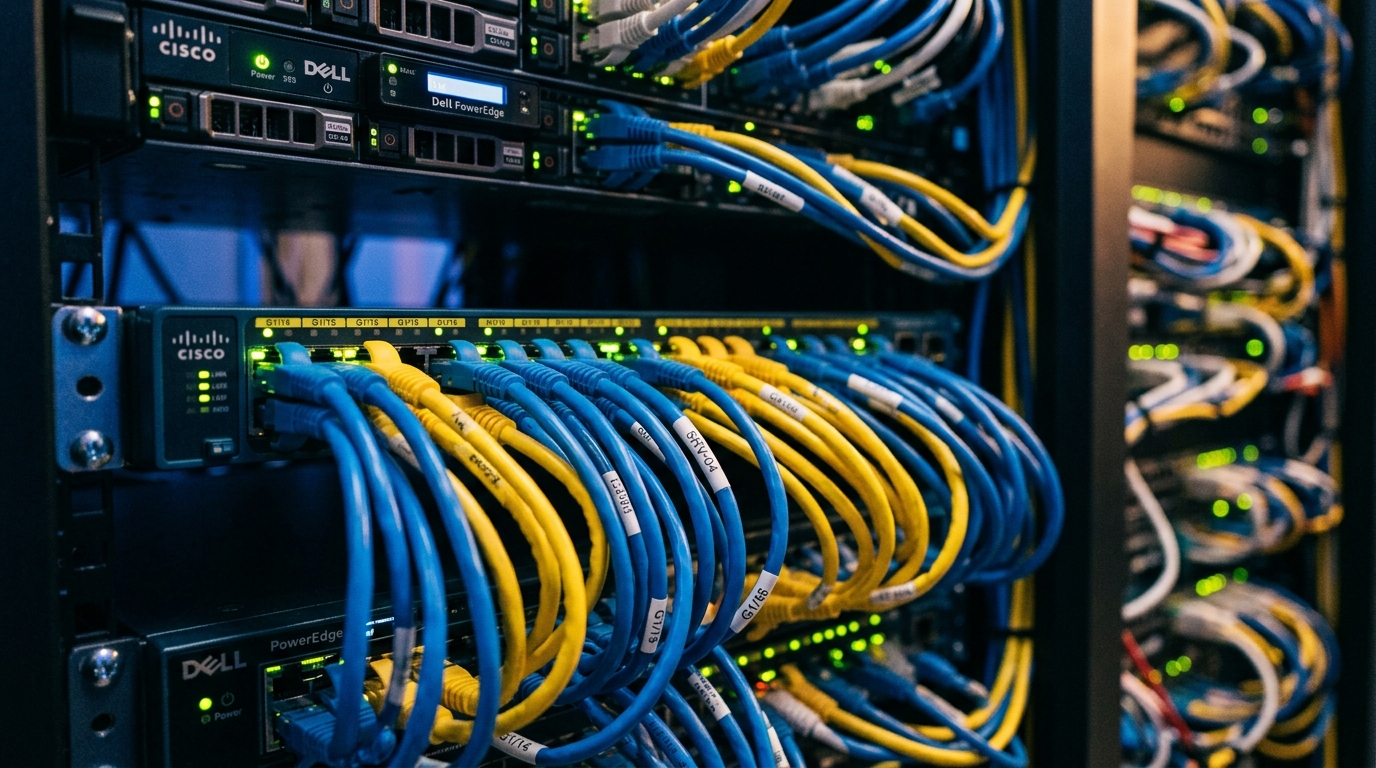 Shallow focus view of ethernet cables and patch cords connected to datacenter switch racks with glowing LED indicators