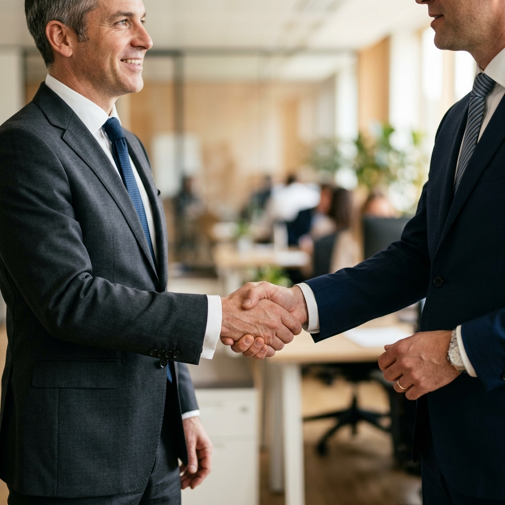 Photograph closeup of two business professionals in tailored suits shaking hands